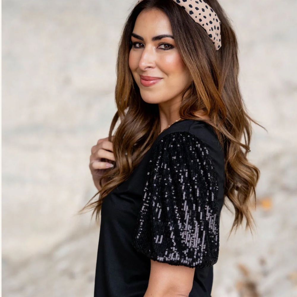 CeCe Sequin Puff Sleeve Top Black S